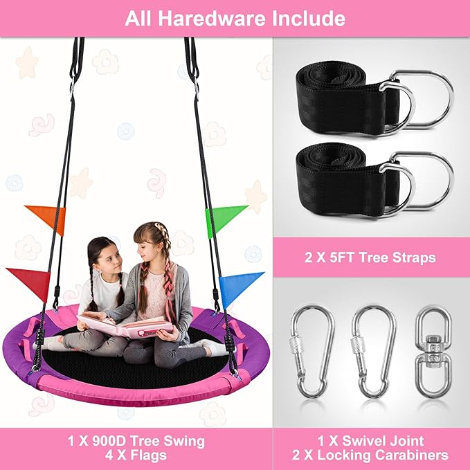 Odoland Kid Tree Swing - 40in Saucer Swings for Outdoor - Chidren Round 900D Waterproof Oxford Platform Swing - 660Lb Weight Capacity for Yard Pink