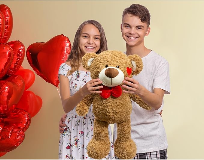 BEJOY Teddy Bear Stuffed Animal Plush Bear with Red Bow and Hearts Holiday Toy Gift 24 inches Brown