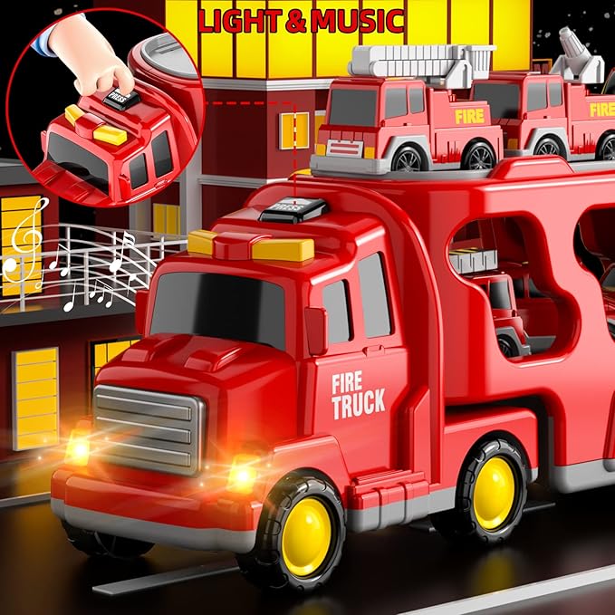 Bennol Toddler Car Toys for 1 2 3 4 5 6 Years Old Boys, 7 in 1 Fire Car Trucks Playset with Play Mat & Accesoories, Birthday Gifts for Toddlers Kids Boys Girls Age 1-3 3-5