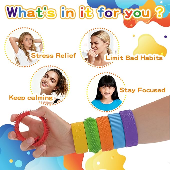 Sensory Fidget Toys for Kids, 6 Pack Textured Silicone Slap Bracelets, Stress Fidgets Toy for Classroom Anxiety Autism ADHD, Sensory Toys for Adults Office Desk, Travel, Airplane.