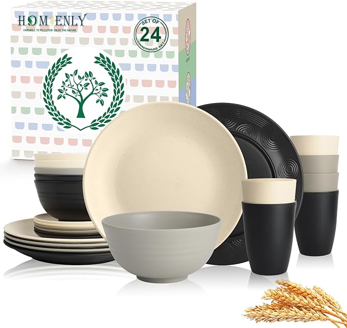 Homienly Wheat Straw Plates and Bowls Set, Lightweight & Unbreakable Dinnerware Set for Kitchen, Parties, Holidays, Microwave and Dishwasher Safe Dish Set - Plate Sets, Bowls, Cups, 24pcs (Grey Stone)