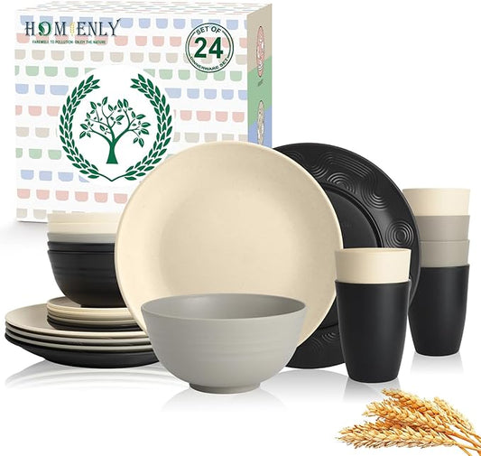 Homienly Wheat Straw Plates and Bowls Set, Lightweight & Unbreakable Dinnerware Set for Kitchen, Parties, Holidays, Microwave and Dishwasher Safe Dish Set - Plate Sets, Bowls, Cups, 24pcs (Grey Stone)