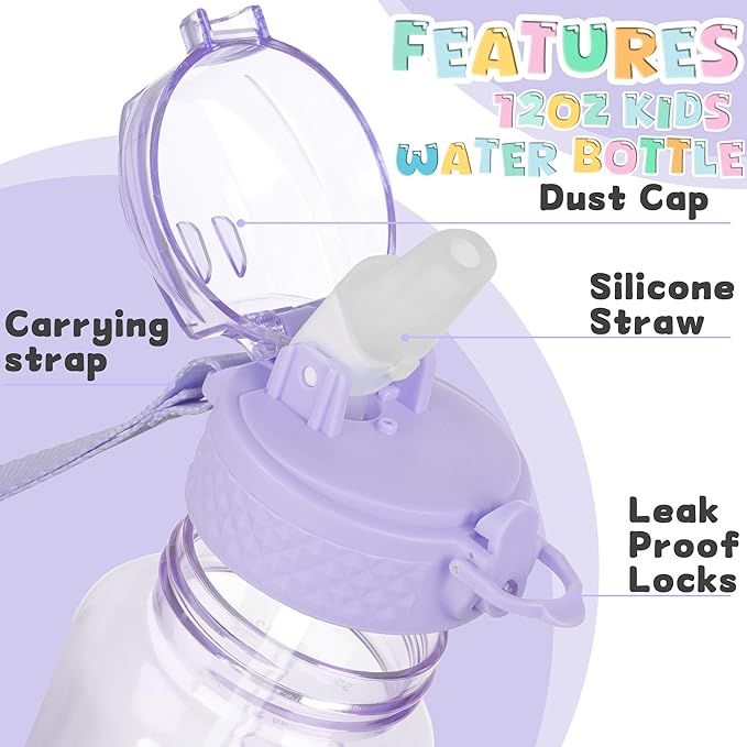 OLDLEY 12oz Kids Water Bottle for School - Motivational With Silicone Straw, Leak-Proof Tritan BPA-Free, Reusable for Girls Boys, Amethyst