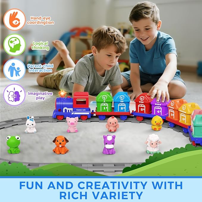 Train Set for Toddlers & Kids Boy -Montessori Counting Matching & Sorting Activity Train Set Learning Toys with Farm Animals, Finger Puppets, Tracks Music, Preschool Toy Birthday Gift for Boy Girl