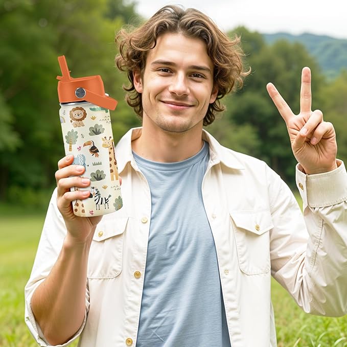 16oz Kids Wild Animal Water Bottle with Straw Lid, Stainless Steel Insulated Tumbler, Leakproof, BPA-Free, for Boys & Girls, Travel - Forest Friends Nature Lovers Birthday Gift Cup (1pc)