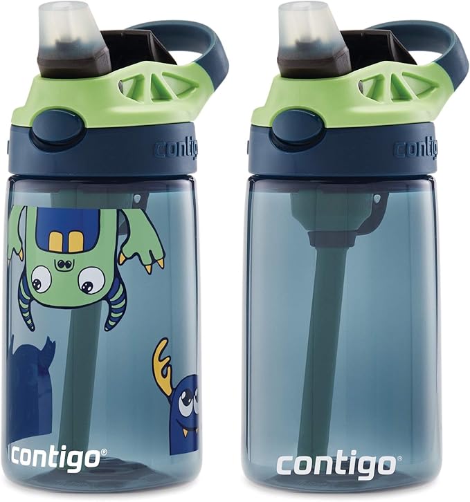 Contigo Aubrey Kids Cleanable Water Bottle with Silicone Straw and Spill-Proof Lid Blueberry & Monsters 14 Ounce 2-Pack