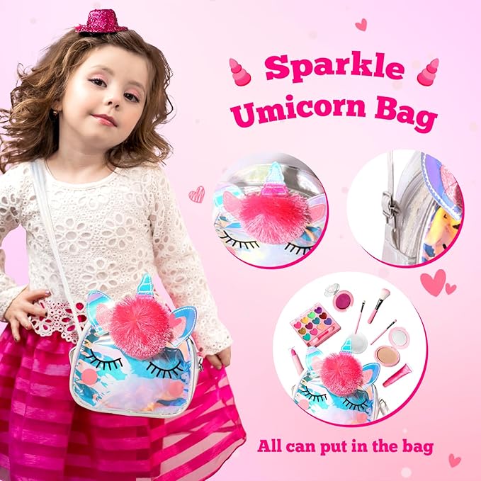 ULOVEME Kids Real Makeup Kit for Little Girls - Real, Non Toxic, Washable Make Up Toy - Umicorn Toys Gift for 3 4 5 6 7 8 9 10 12 Years Old Girls Birthday (Sparkle Umicorn)
