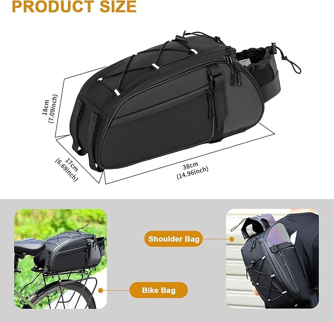 Dreamoon Waterproof Bike Rear Rack Bag, 10L Large Capacity Bicycle Trunk Bag, Reflective Cycling Saddle Panniers with Shoulder Strap, Bike Backseat Bag for Commuter & Outdoor Travel (New-Colorful)