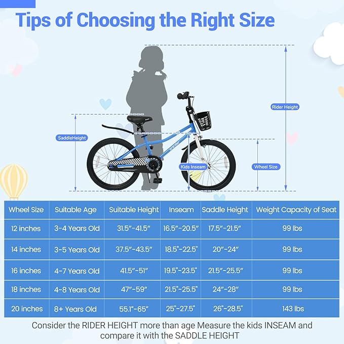 BABY JOY Kids Bike, 12 14 16 18 20 Inch Children Bikes for Boys Girls Teens 3-8 8+ Years w/Training Wheels or Kickstand, Handbrake, Coaster Brake & Removable Basket, Kids Bicycle of Multiple Colors