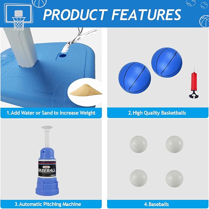 2 in 1 Toddler Basketball Set with Automatic Pitching Machine, Adjustable Height, Bathtub Hoop for Indoor/Outdoor Play, Blue
