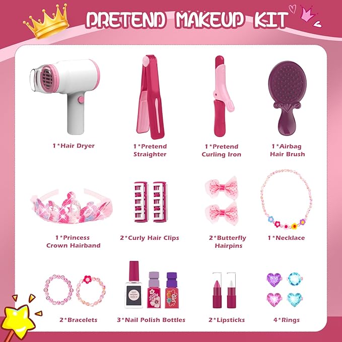 Toddler Makeup Table Toy with Mirror and Chair, Kids Pretend Play Vanity Set with Lights and Sounds Hairdryer, Make Up Accessories for 3-6 Years Old Girls