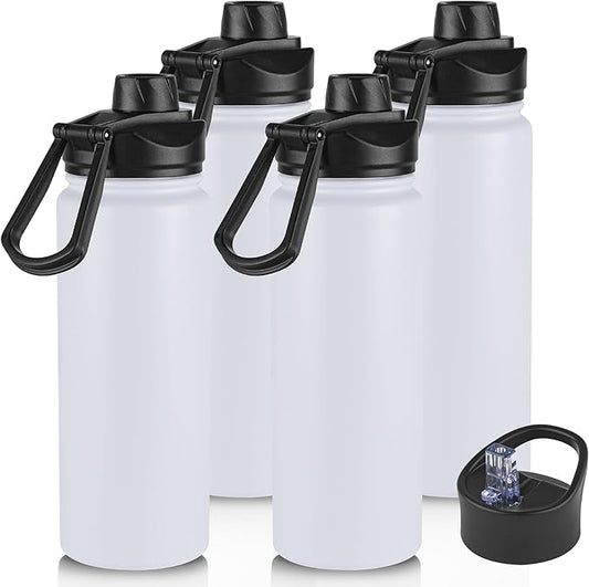 24oz Insulated Water Bottle with Straw Lid, Stainless Steel Metal Water Bottle with Straw & Wide Mouth Lid, Double Wall Vacuum Water Bottle for Hiking Camping, White 4 Pack
