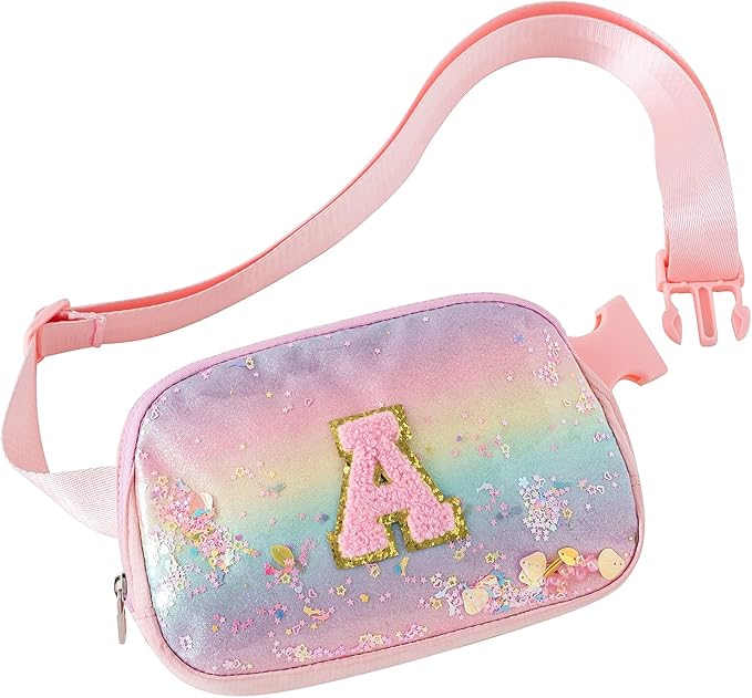 Fanny Pack for Girls,Birthday Easter Gifts,Chenille Initial Letter Girls Crossbody Bag,Preppy Teen Belt Bag for Graduation Travel Gifts,Cute Sequin Trendy Stuff.Pink-A