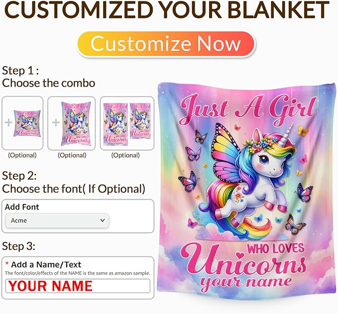 Personalized Unicorn Blanket for Girls Daughter, Cute Pink Unicorn Throw Blankets with Custom Name for Toddlers Kids 40"x50" Comfy Lightweight Flannel Throw for Sofa Couch Bed