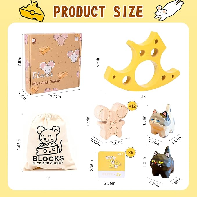 Wooden Cheese Mice Stacking Blocks Balancing Game for Kids of All Ages, Enhances Creativity Hand Eye Coordination Patience and Focus, Includes Storage Bag for Fun Family Play and Gifts