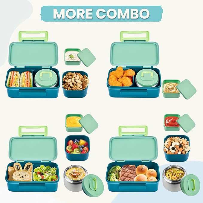 PIQUEBAR Kids Lunch Box with 8oz Thermo, Leakproof Bento Box with Insulated Bag, Kids Insulated Water Bottle with Straw, Food Lunch Container for Back to School Girls Boys, Green