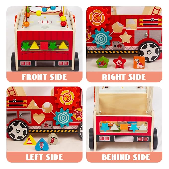 Wooden Baby Walker with Bead Maze for 1 Year Old and up, Wood Push Toy for 12 Month, Toddle Cart with Blocks