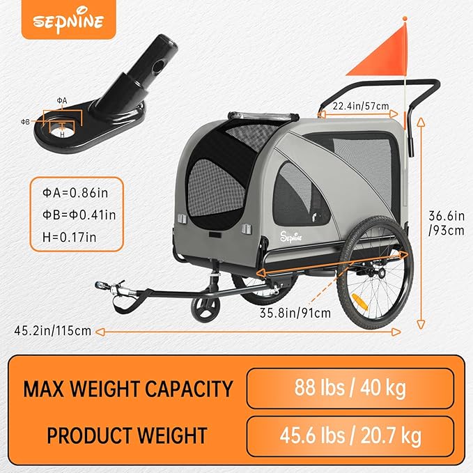 Sepnine Dog Bike Trailer, Supports up to 88 lbs, 2-in-1 Pet Stroller Cart Bicycle Carrier, Easy Folding Cart Frame with Quick Release Wheels, Universal Bicycle Coupler, Non-Slip Floor, Internal Leash