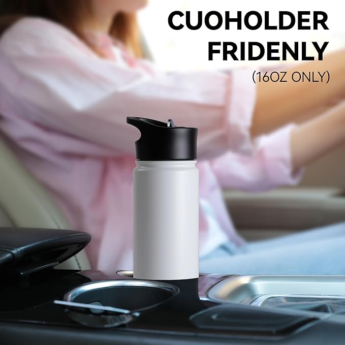 16 oz Insulated Water Bottle Bulk 8 Pack, Straw & Spout Lid, Keep Cold 24H, Spill Proof, BPA-Free, Double Wall, Stainless Steel Kids Water Bottles for School, Sports, White