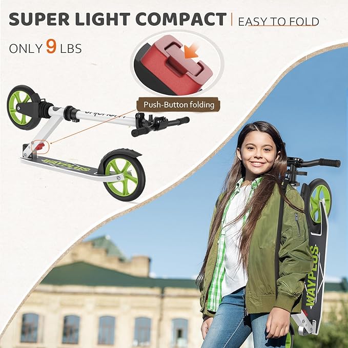 Kick Scooter for Ages 6+,Kid, Teens & Adults. Max Load 240 LBS. Foldable, Lightweight, 8IN Big Wheels for Kids, Teen and Adults, 4 Adjustable Levels. Bearing ABEC9