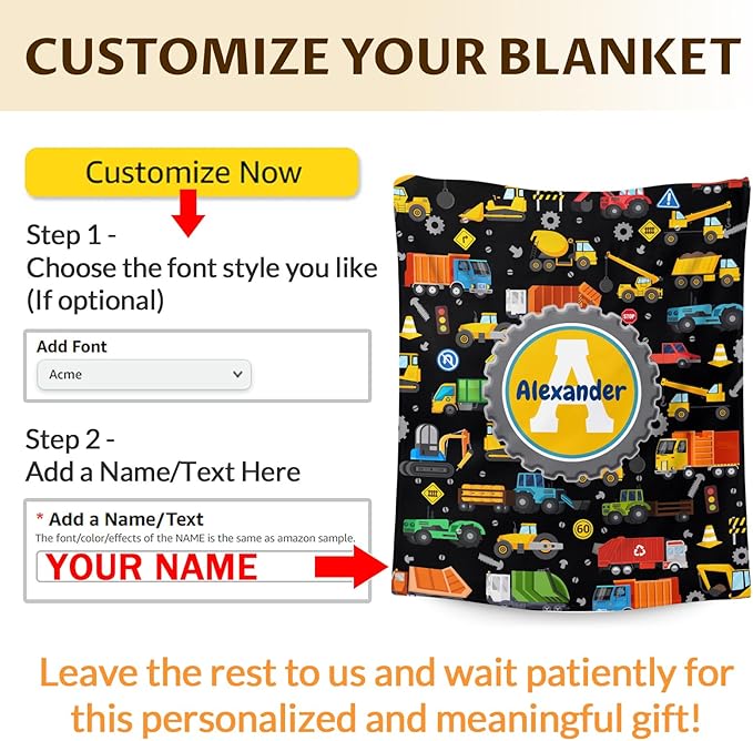 Custom Kids Blanket for Boys 6-8, Truck Gifts for Son Personalized Name 4 Sizes Initial Construction Themed Stuff Throw Soft Plush Cool Accessories Blankets for Sofa Chair Bed Room
