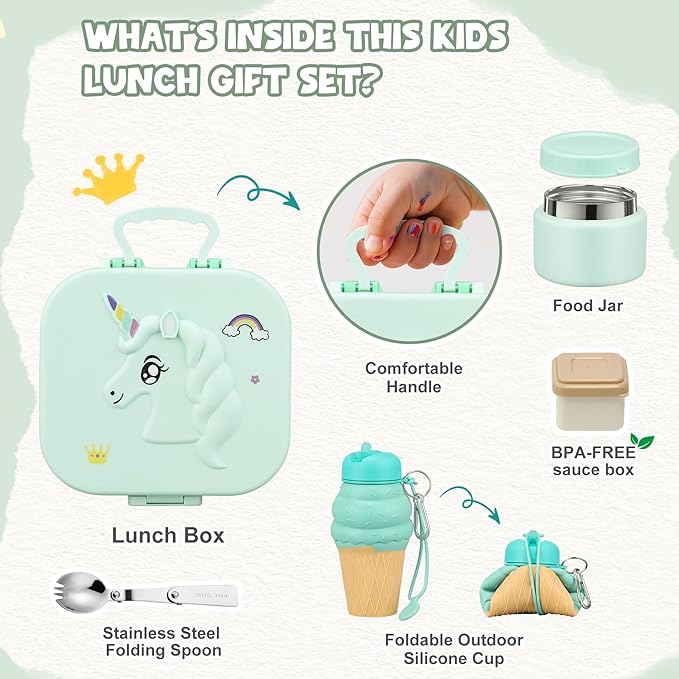 Kids Lunch Box Set -12oz Insulated Food Jar, Thermal Bag,Leakproof Lunch Food Containers Cutlery (BPA Free)-Gift for Girls/Boys Age 3-10(Green+Green Jar)