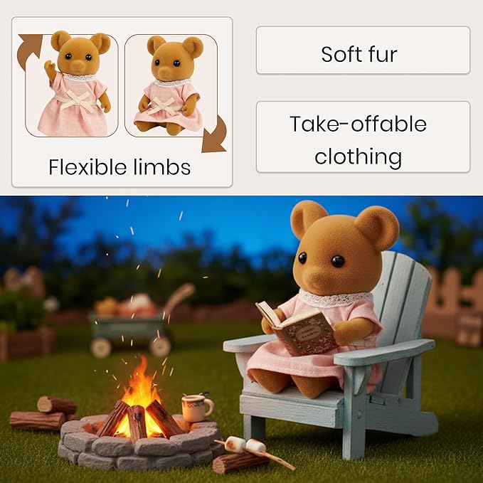 Family Brown Mouse Figures — Set of 3 Collectible Flocked Mini Dolls with Removable Clothes, Miniature Dollhouse Pretend Play Figures for Kids Ages 3+