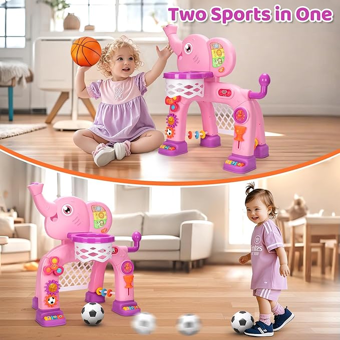 Toddler Basketball Hoop & Soccer Goal Sports Toys for 1 2 3 Years Old Girls Boys, Montessori Toys, Interactive Musical Toy with Lights, Christmas Birthday Gifts for Baby Kids Age 12-18 Months(Pink