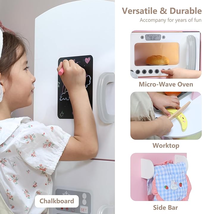 Kinder King Wooden Kids Play Kitchen, Toy Kitchen Playset for Toddler, Pretend Oven, Microwave, Telephone, Chalkboard, Interactive Doors, Knobs, Realistic Kitchen Sets for Boys Girls Age 3+, Pink