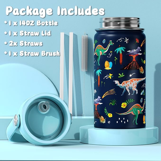 14oz Kids Insulated Water Bottle with Straw Lid - 18/8 Stainless Steel Kid Cup Travel Tumbler Double Wall Vacuum Leak Proof Portable Toddler Water Bottle (Dinosaur)
