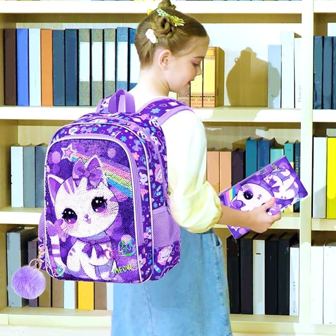 CCJPX 16" Cat Backpack for Girls, 3Pcs Kids Preschool Bookbag, Cute Water Sequin Resistant School Bag for Teen Kindergarten Toddler (Purple)