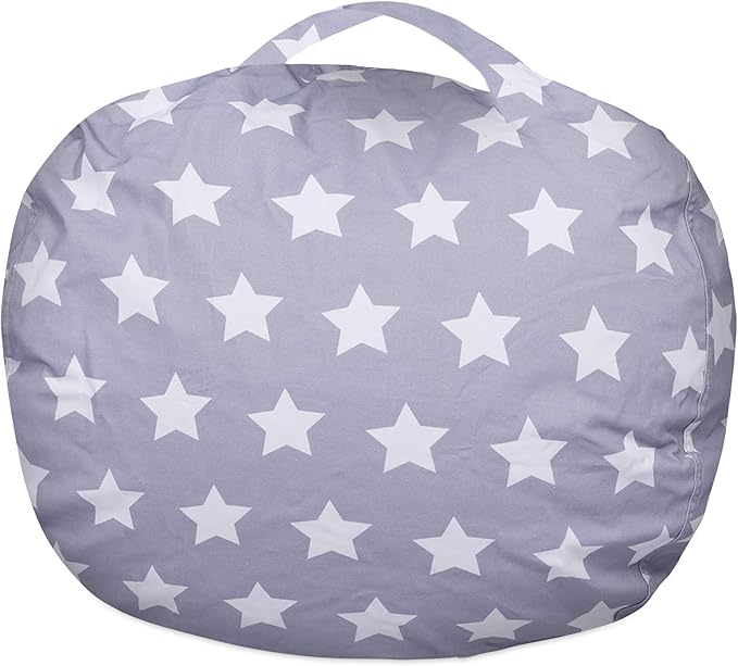 Posh Creations Kids Stuffed Animal Storage Bean Bag Chair Cover - Childrens Toy Organizer, X-Large-48in, Canvas White Stars on Gray