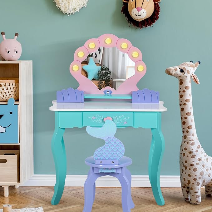 Kids Vanity with Lights, Wooden Princess Vanity for Girls, 2 in 1 Ocean Theme Toddler Dressing Table and Chair Set, Little Girl Makeup Vanity with Mirror for Children Birthday