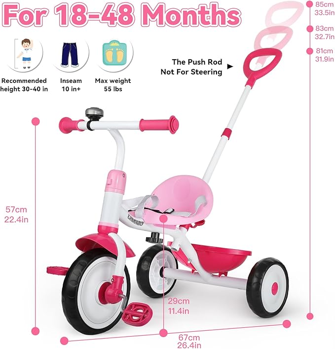 Liberry 2 in 1 Toddler Tricycle Age 2 3 4 Years Old, Kids Trike with Adjustable Push Handle, Bell & Basket, 3 Wheel Bike Riding Toy Birthday for Girls Boys, Pink