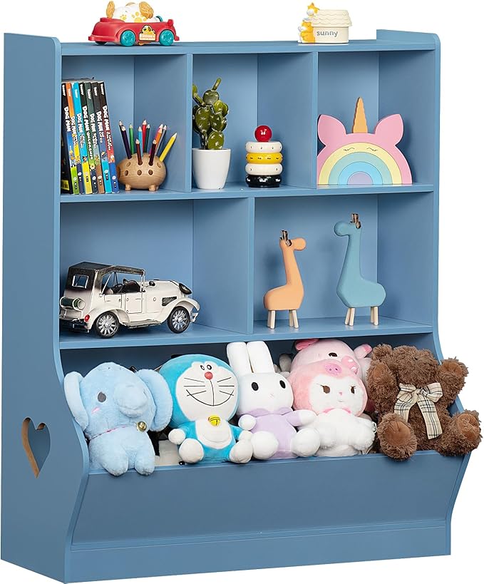Lerliuo Kids Storage Organizer, 3 Tier Children Bookcase and Bookshelf, Toddler 6 Cubby Cabinet, Wood Book Shelf for Playroom, Bedroom, Living Room, Nursery, School 39.17'' H(Blue)