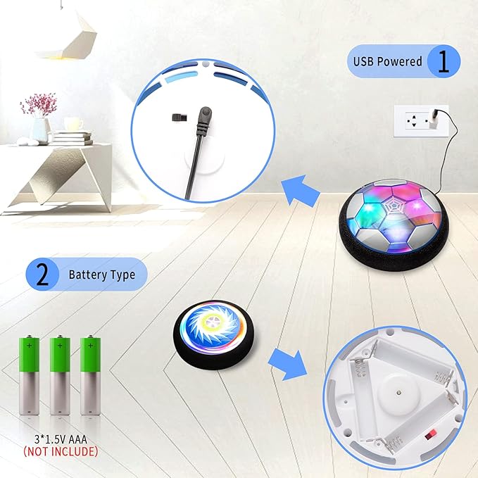 3-in-1 Hover Hockey Soccer Ball Set Kids Toys, Rechargeable Air Soccer and Floating Battery Hockey with LED Lights and Foam Bumper, 2 Goals for Boys and Girls Ages 4 5 6 7 8-12 for Indoor/Outdoor Play