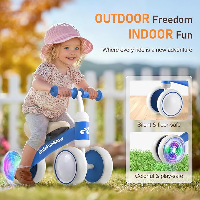Colorful Lighting Baby Balance Bike Toys for 1 Year Old Boys Gifts, Balance Bike 1 Year Old No Pedal, 12-24 Months Toddler Ride on Toys with 4 Silent Wheels & Soft Seat, 1st Birthday Gifts, Blue