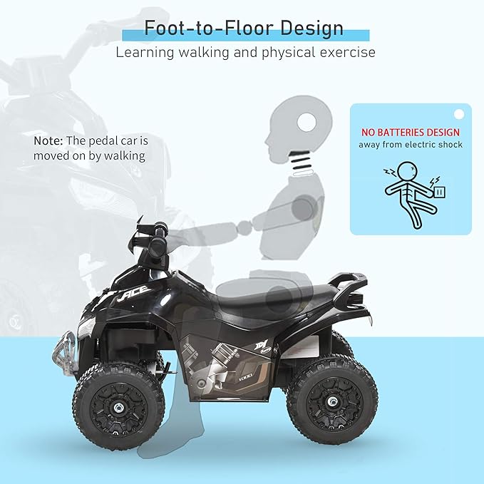 Aosom NO Power Kids Ride On Push Car, Ride Racer, Foot-to-Floor Sliding Car, Walking ATV Toy with Music, Lights, for 1.5-3 Years Old, Black