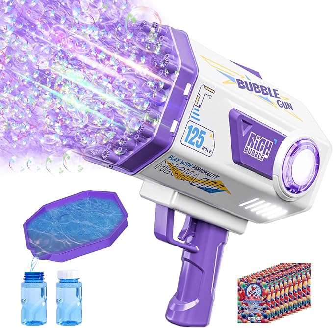 Bubble Gun, 125 Holes Bubble Machine Gun, Bubble Blaster Gun for Kids, Rechargeable Bubble Gun with Bubble Solution, Halloween Toy Party Favors Bubble Maker for Wedding Birthday (Purple)