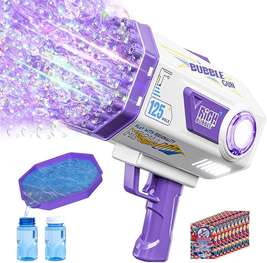 Bubble Gun, 125 Holes Bubble Machine Gun, Bubble Blaster Gun for Kids, Rechargeable Bubble Gun with Bubble Solution, Halloween Toy Party Favors Bubble Maker for Wedding Birthday (Purple)