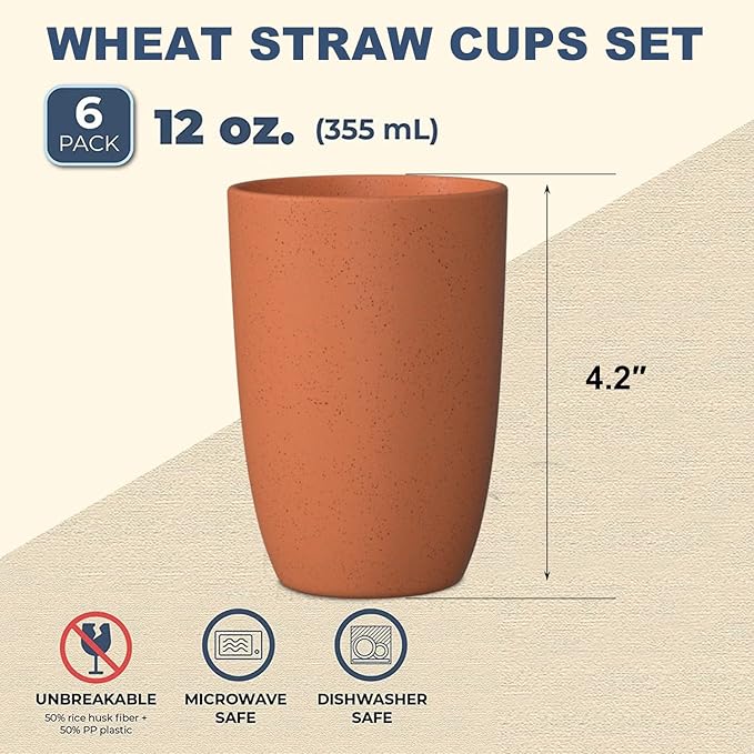 Wheat Straw Cups 6 PCS Good Alternative to Plastic Reusable Cups 12 oz Unbreakable Drinking Cup Reusable Dishwasher Safe Water Plastic Glasses Orange