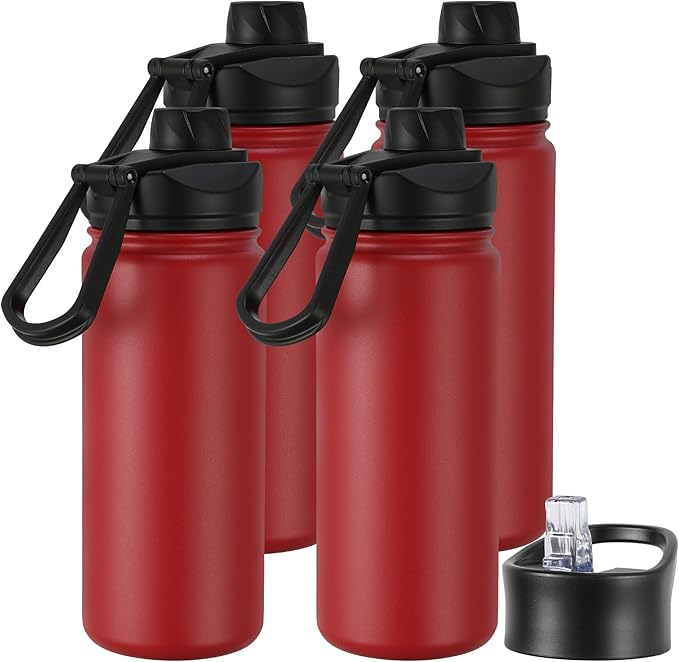 16 oz Insulated Water Bottle with Straw Lids, Stainless Steel Kids Water Bottles for School, Double Wall Vacuum Metal Water Bottle with Straw & Wide Mouth Lid, Red 4 Pack