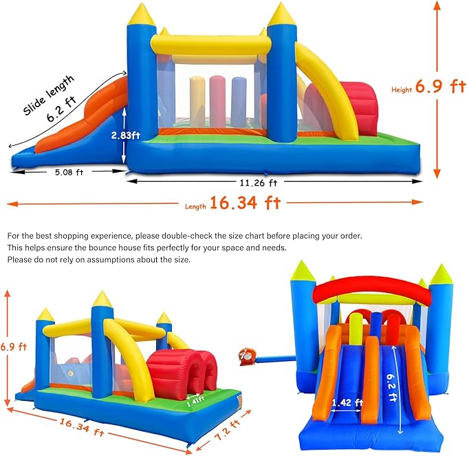 HuaKastro 16.3x7.2FT Kids Inflatable Obstacle Bounce House with Dual Racing Slides, Crawl Tunnels, Climbing, Obstacles, Jumping All in One Castle Great for Children's Outdoor Party - with Blower