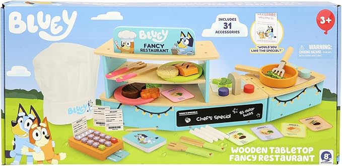 Bluey – Tabletop Restaurant – 32 Piece Wooden Roleplay Toy with Cutlery & Pretend Food Accessories for Kids – FSC-Certified Material – Fun Imaginative Kit for 3 Years and Up