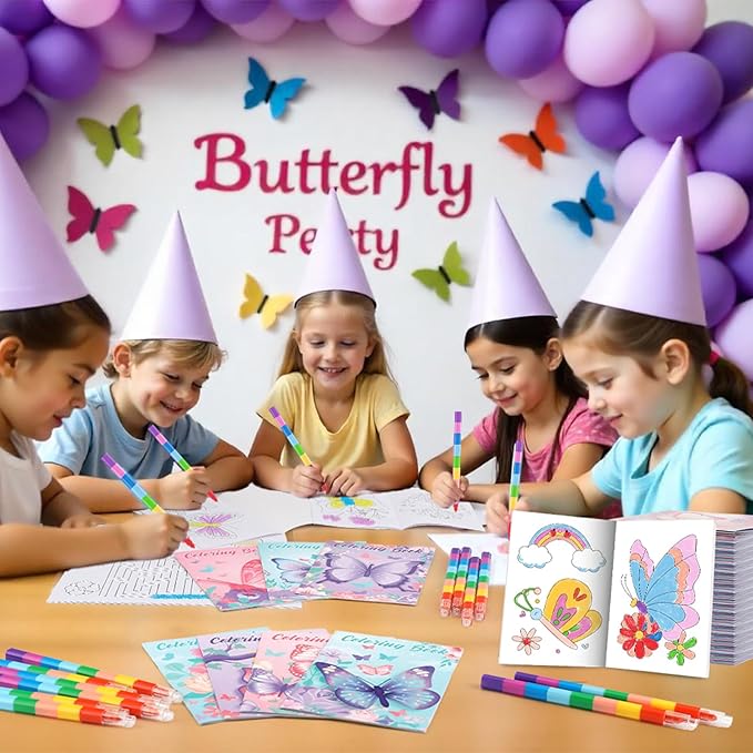 BenLouis 12 Butterfly Mini Coloring Books Kids with 12 Stacking Crayons Butterfly Theme Party Favors Small Activity Books Bulk for Kids Spring Fairy Birthday Party Gift Goodie Bag Stuffers
