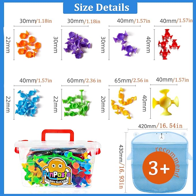 165Pcs Suction Cup Toys Bath Sensory Toys for Kids, Stocking Stuffers Genius Suckers Building Party Favor for 3 4 5 6 Year Old Boy Girl Toddler Travel Fidget Window with Storage