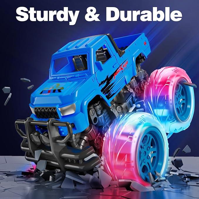 LODBY Monster Trucks Toys for Toddlers, Light-Up Trucks & Cars Toys for 2 3 4 5 6 Year Old Boy Birthday Gifts, Kids Push and Go Cars with Flashing Wheels (2 Pack)