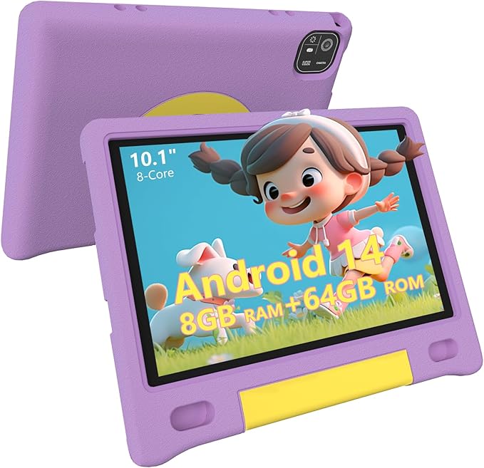 Kids Tablet 10", Android 14, 8GB+64GB (1TB Expandable), Octa-Core, 1280×800 HD Display, Dual Cameras, 12-Hour Battery, Parental Controls, Childs Tablet with Shockproof EVA Case