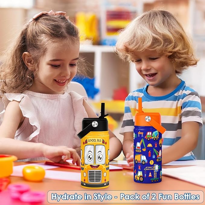 SANDJEST Kids Water Bottle with Straw Lid, Pack of 2 Insulated 12 Oz Stainless Steel Water Bottles for Boys, Travel Cup for School Sports, School Bus - Construction