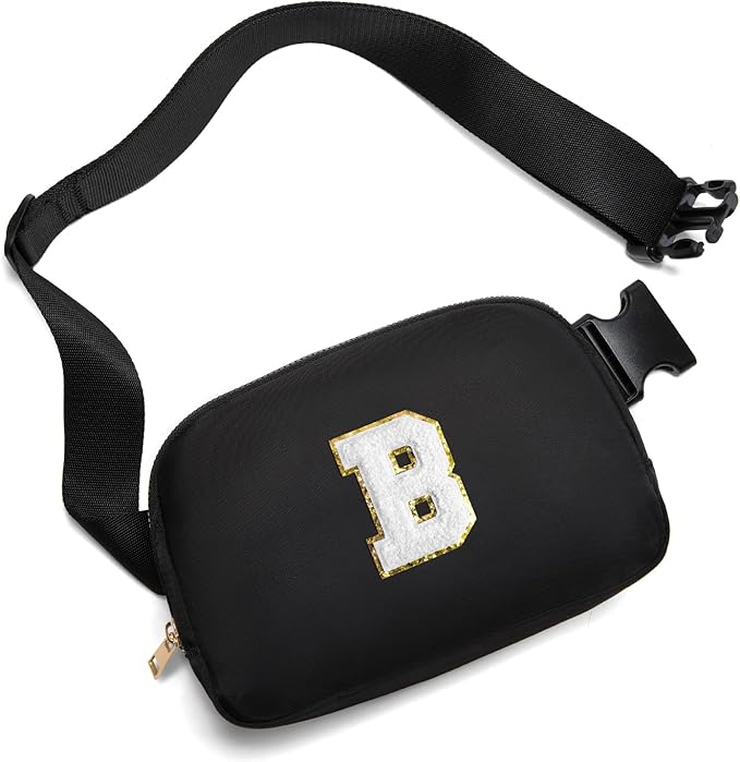Gitus Birthday Gifts for 8 9 10 11 12 13 Year Old Girls Personalized Fanny Pack Crossbody Bags with Initial Letter Patch Belt Bag for Teen Girls Cute Trendy Stuff Travel Essentials (Black-B)
